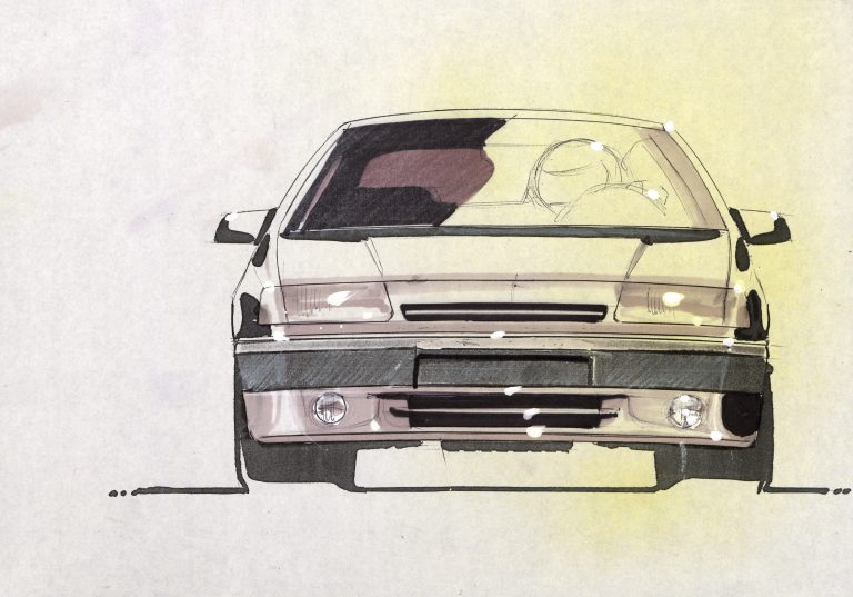 Dessin de trois-quarts avant d'une Citroën Xantia sport blanche signé Nicolas Arvanitakis. Utilisation éditoriale uniquement, nous contacter pour toute autre utilisation