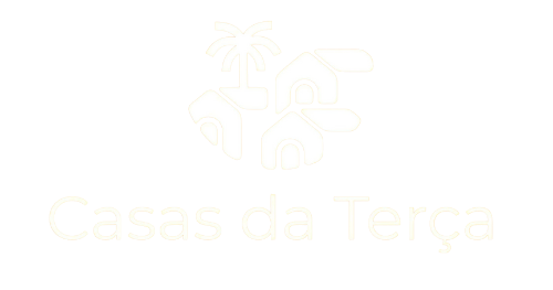 Casas Da Terca, Madeira - Logo Holiday rental villa Madeira a white logo with a palm tree and houses on a black background