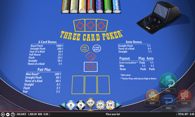 How do I place a 6 Card Bonus bet in Three Card Poker?