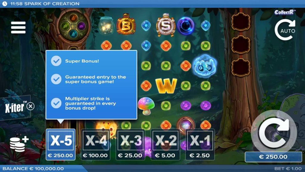 Spark of Creation X-iter™-funktion från ELK Studios som visar Super Bonus-läget med garanterat bonusspel och Multiplier Strike på spelplanen.