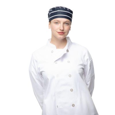 Whites Chefs Skull Cap Blue and White Butchers Stripe