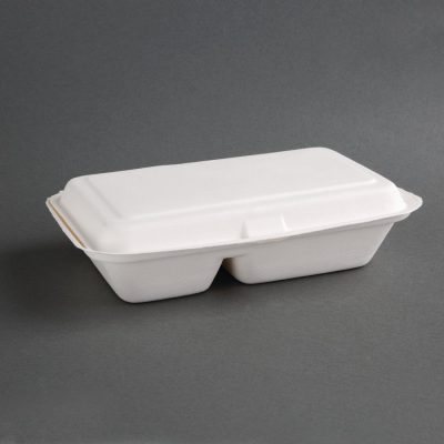 Fiesta Green Compostable Bagasse Hinged 2-Compartment Food Containers 253mm (Pack of 200)