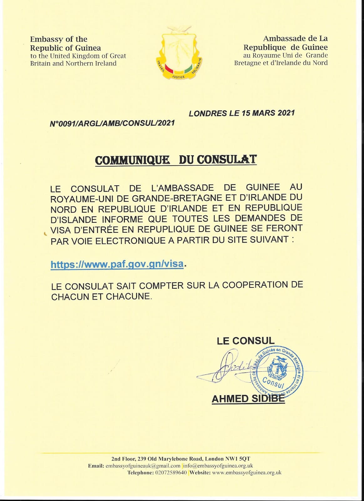 Les demandes de Visa pour la Guinée se feront désormais en ligne