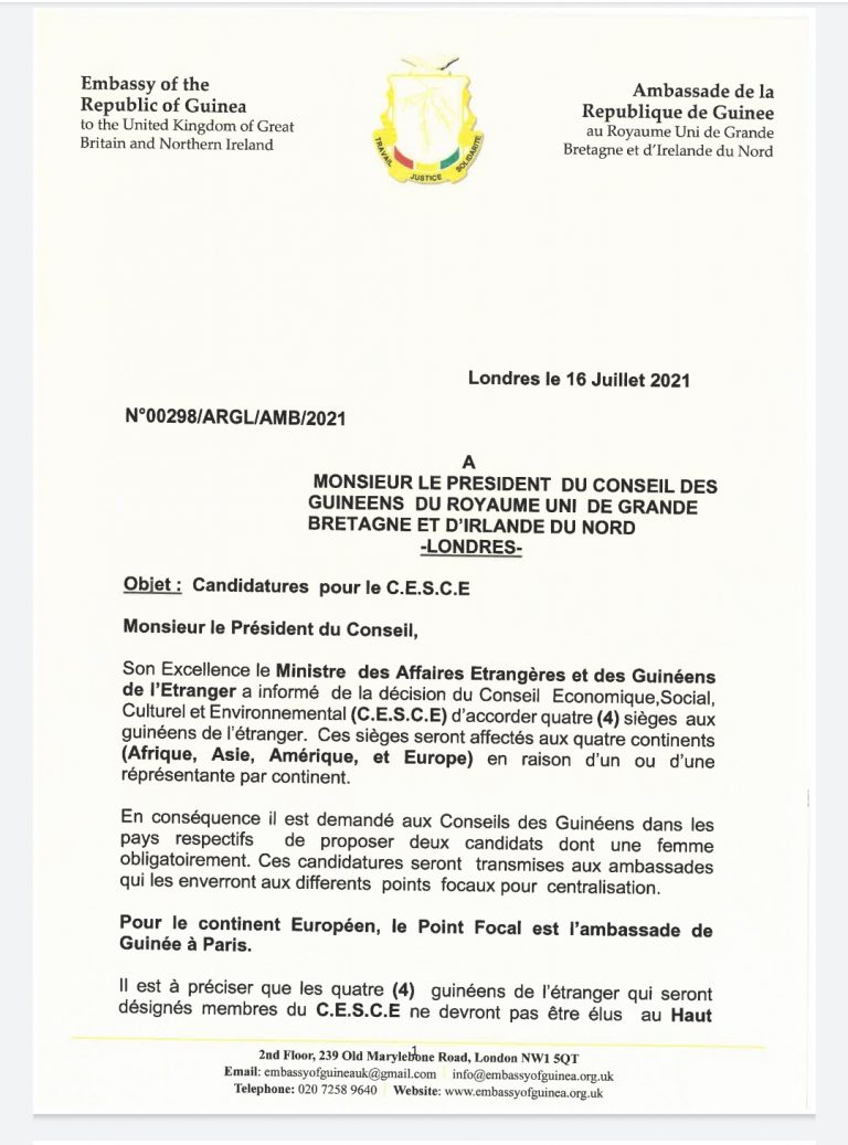 Lettre de L’Ambassade Relative au CESCE – Council Of Guineans in the UK