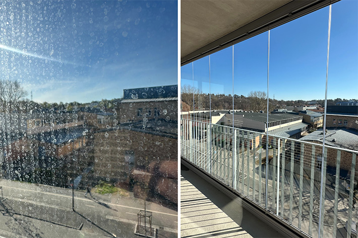 Före och efter glasrekonditionering på inglasad balkong