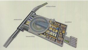 Foruden fotografier indeholder bogen flere kort og 3-D tegninger. Her en perspektivtegning af en bunker med 38 cm-kanon. Tegning: Wim van der Velden. Ill. fra bogen