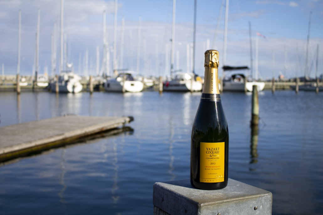 vintage champagne, havn, blå, orange, vand, skibe, champagne