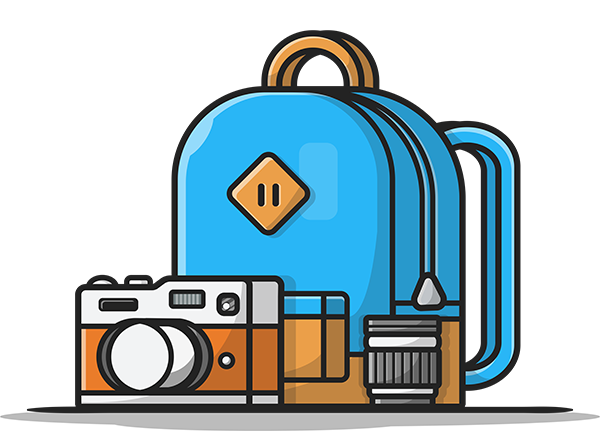 En grafisk illustration på en väska med kamerautrustning.