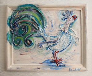 “Coq Bleu” 59x49cm. A vain rooster with a pearl necklaces.