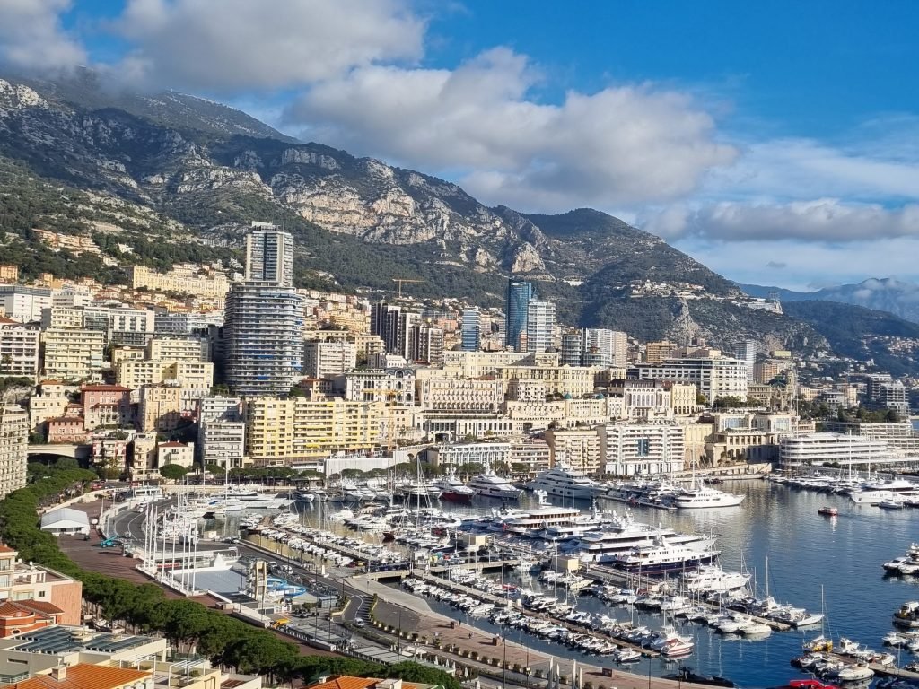 a view with the city and port below