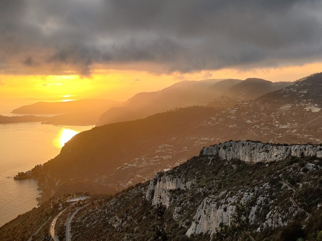 A golden sunset over mountains