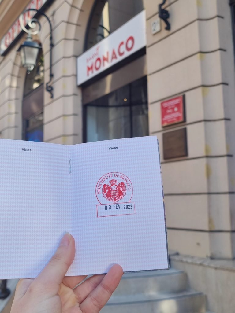 The inside of stamped booked with the Monaco country crest and the date, 3rd Feb 2023