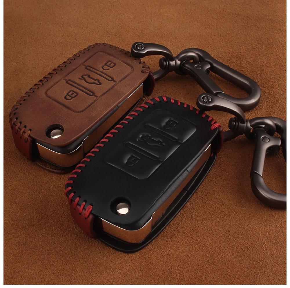 3 button genuine leather key carabiner for Volkswagen