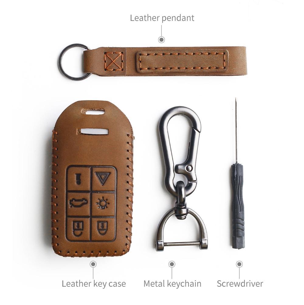 Genuine leather car key case carabiner pendant for Volvo