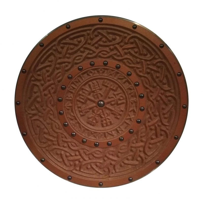 Wooden engraved Runes Helm of Awe Viking Bronze Shield SWE97
