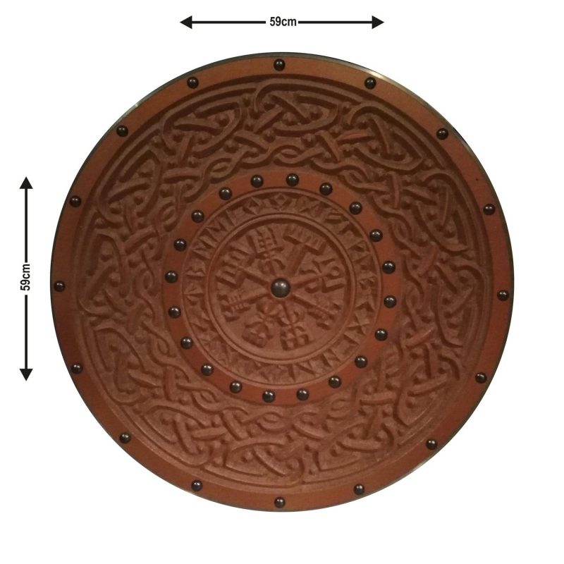 Wooden engraved Runes Helm of Awe Viking Bronze Shield SWE97