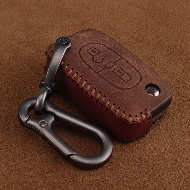 2 button genuine leather key carabiner for Peugeot Citroen