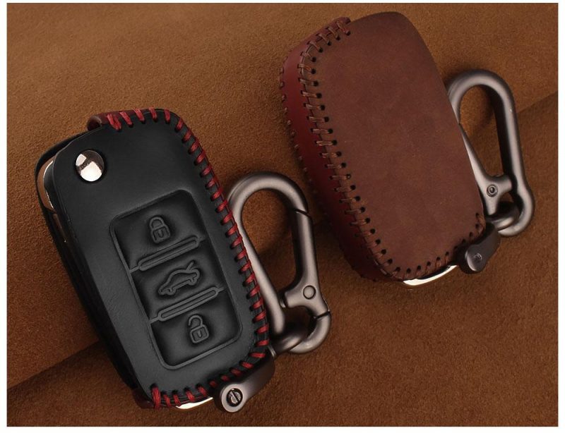 3 button genuine leather key carabiner for Volkswagen