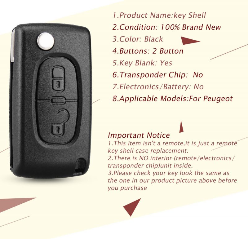 Flip key case shell 2 buttons CE0536 HU83 blade for PEUGEOT
