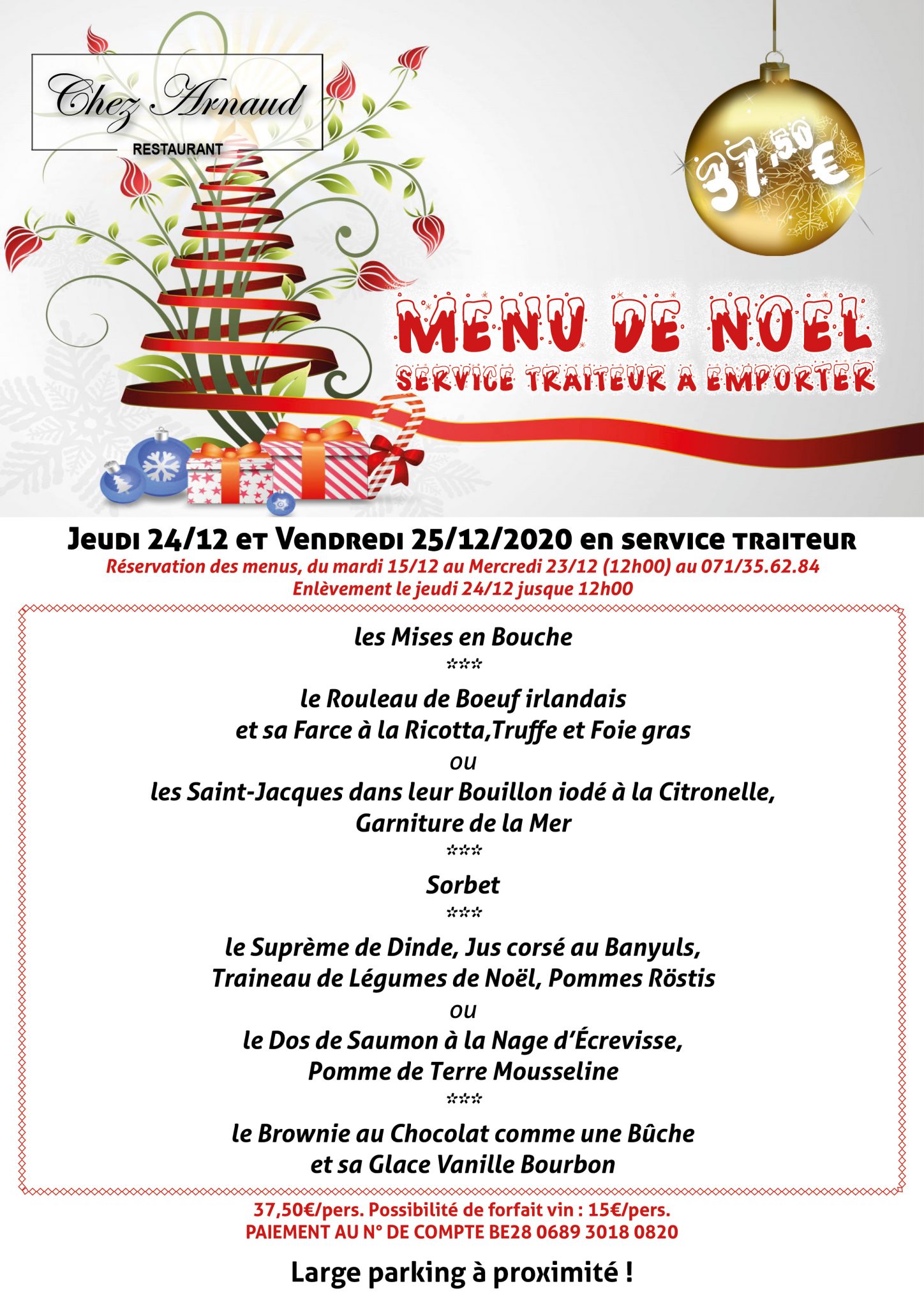 MENU DE NOÊL – 24 et 25/12/2020 – Chez Arnaud – Restaurant