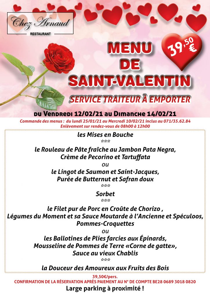 SAINT-VALENTIN – 12, 13 et 14 février 2021 – Chez Arnaud – Restaurant