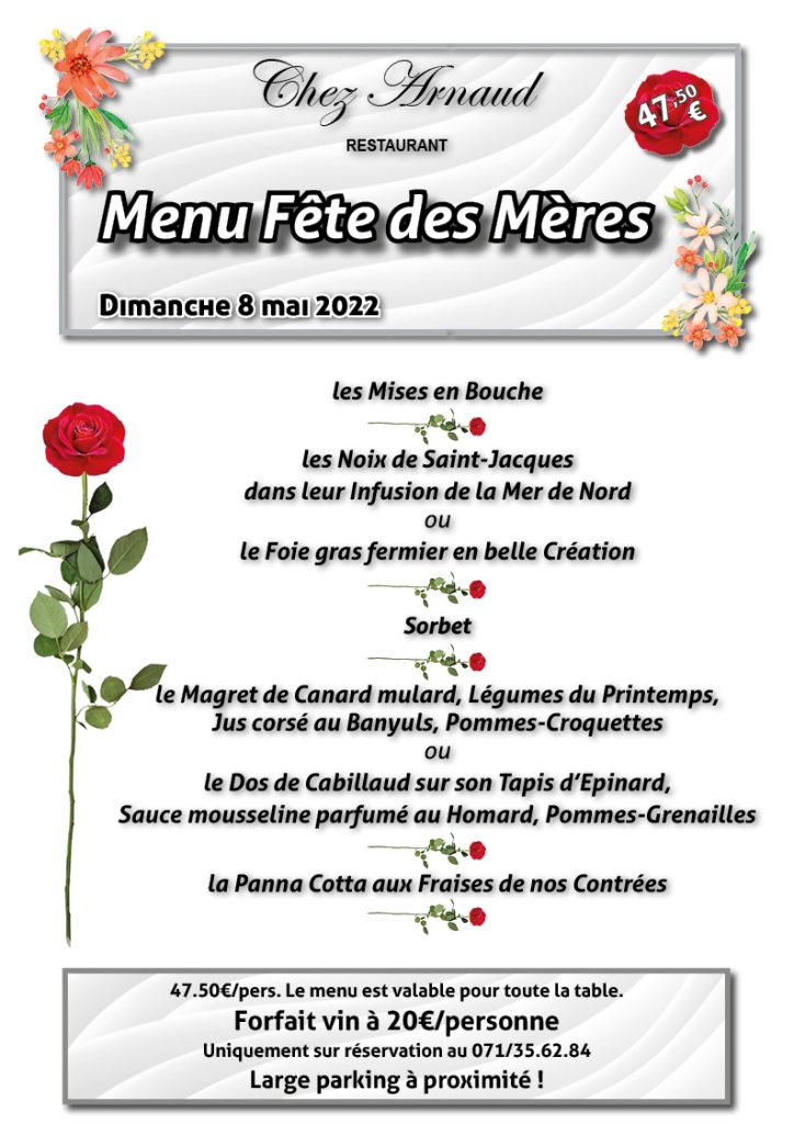 MENU FÊTE DES MERES – 8 mai 2022 - Chez Arnaud - Restaurant