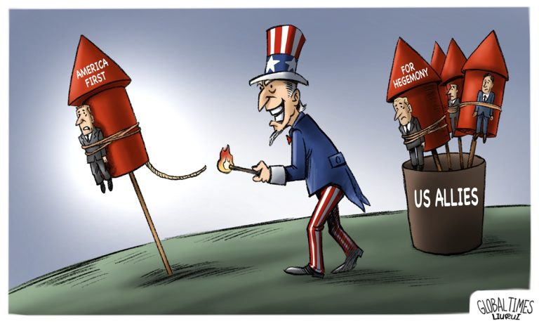 America watch this hateful cartoon in which China paints the US as a spiteful creature that ties its allies to a missile and fires it with a smile. Americans do not invest in China! Americans boycott Chinese products!