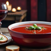 a bowl of tomato soup, some bread and a glass of wine