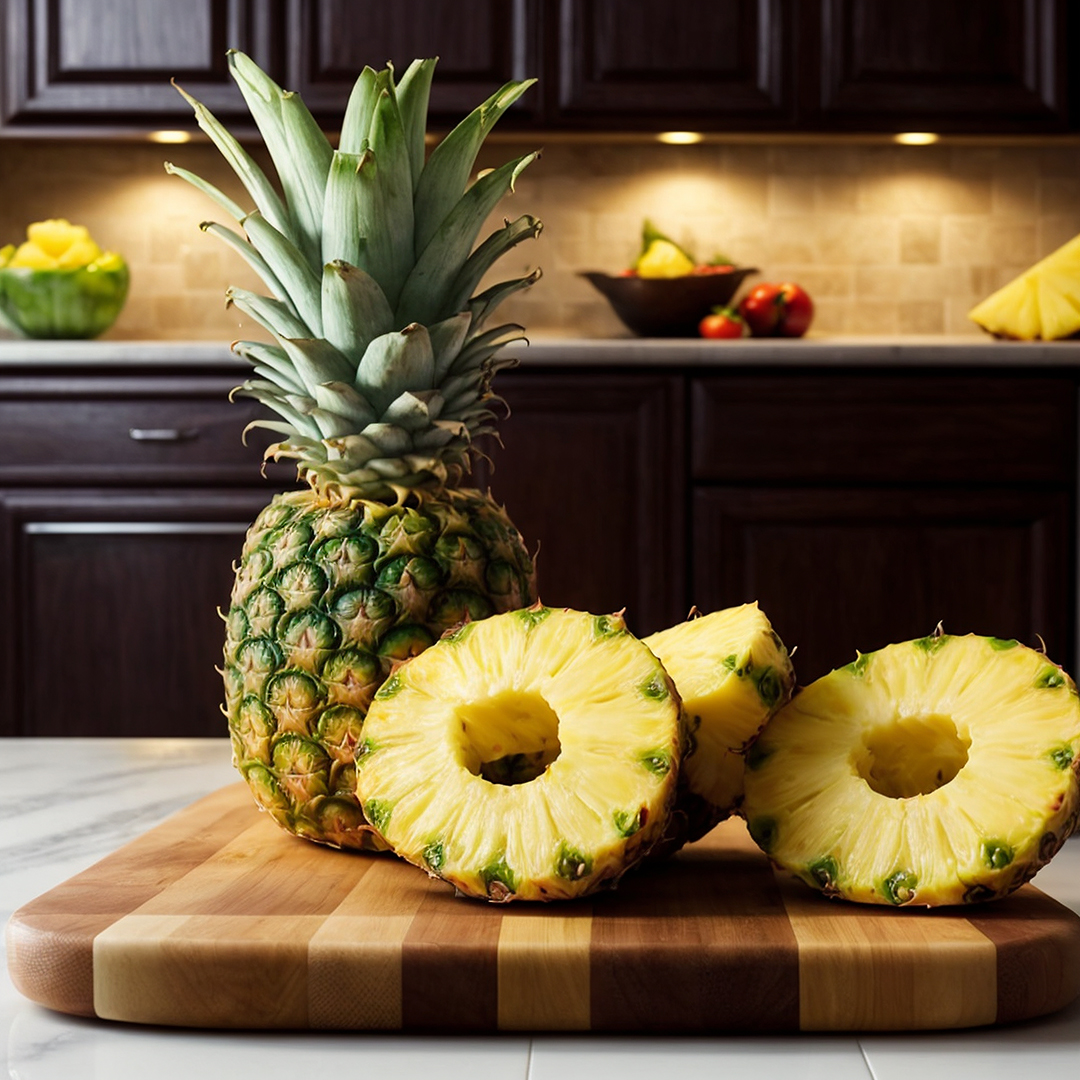 a pineapple cut on a cuttingboard
