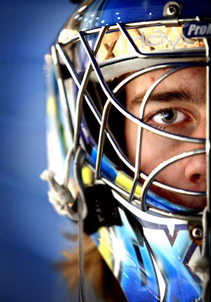 Portrait of hockey goal keeper Axel Brage who plays for the Swedish national league.