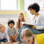Kindergruppe hört Erzieherin beim Vorlesen zu