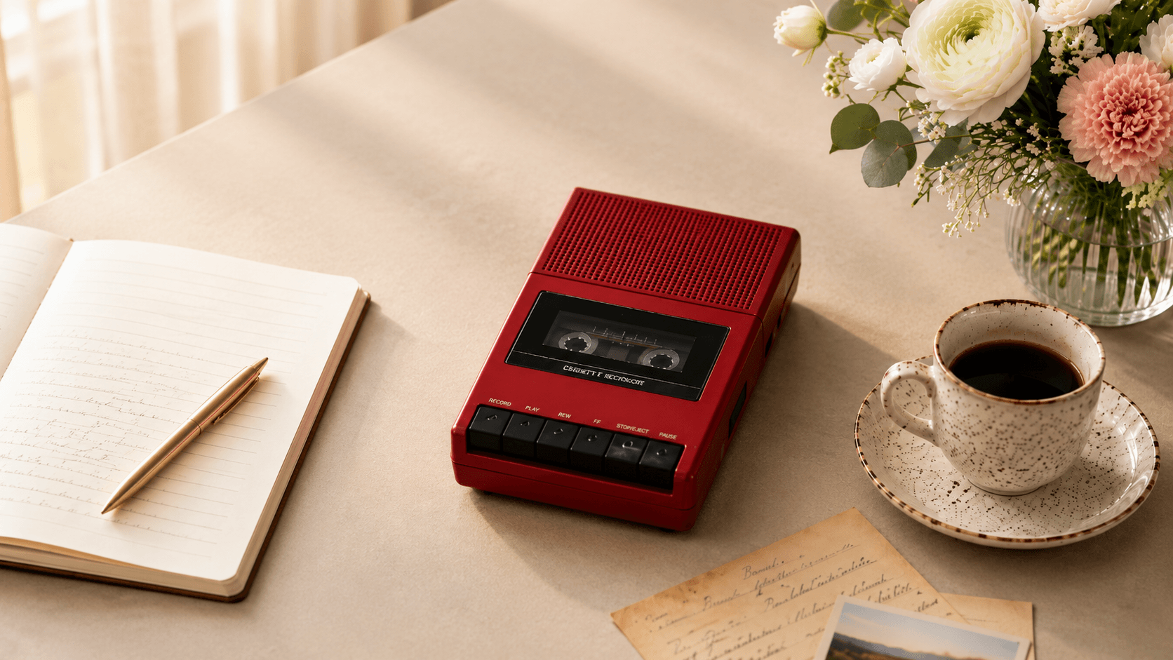 Roter Radiorecorder auf Tisch