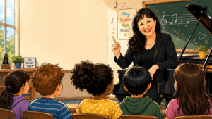 Christa Schäfer vor einer Schulklasse (gezeichnet)