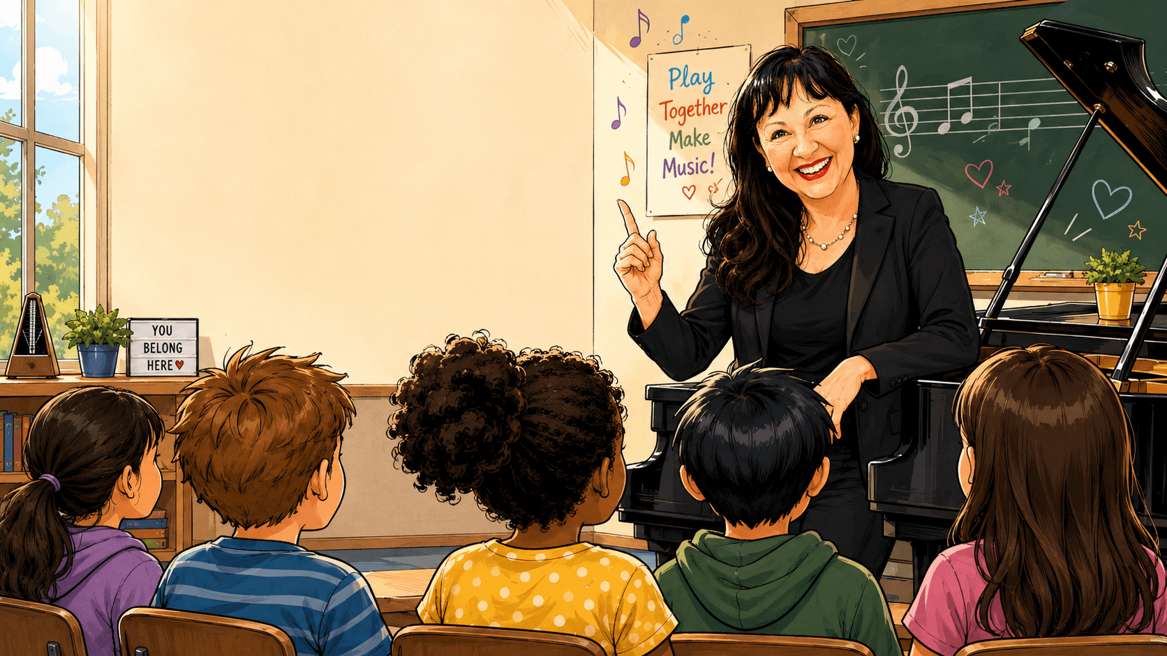 Christa Schäfer vor einer Schulklasse (gezeichnet)