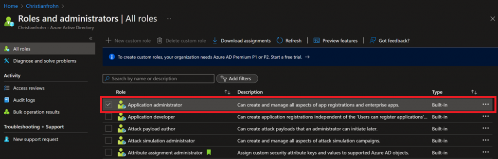 Picture is showing a list of Azure AD administrators roles where Application administrator is selected and highligted