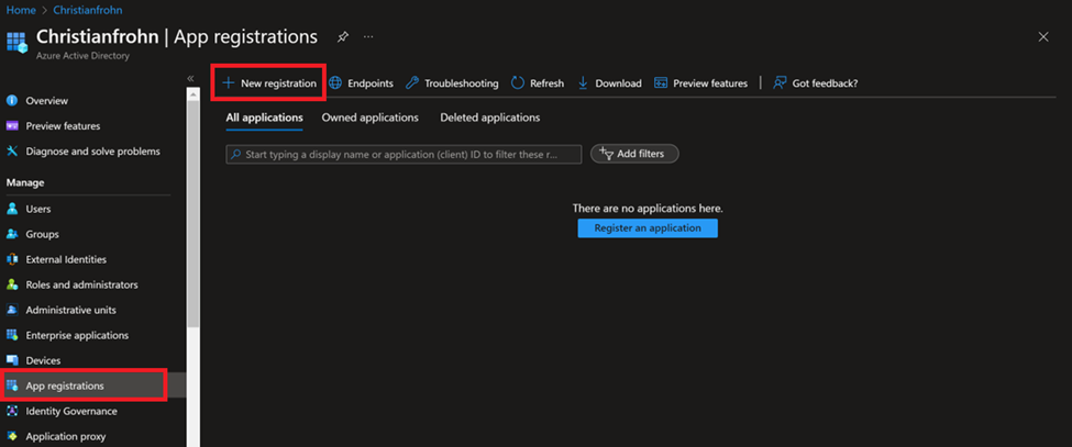 Pictures is show the default page for Azure AD app registrations where "App registrations in the left menu is high lighted with and the button "New registration" is high lighted with red