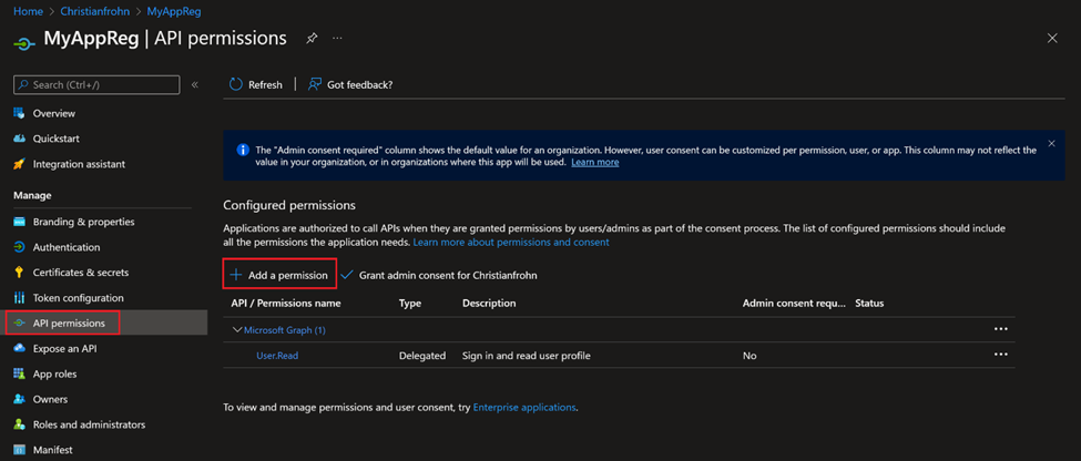 Picture is showing an Azure App Registrations API permissions where "API Permissions" in the left menu is highlighted with red and "Add a permission" is highlighted with red
