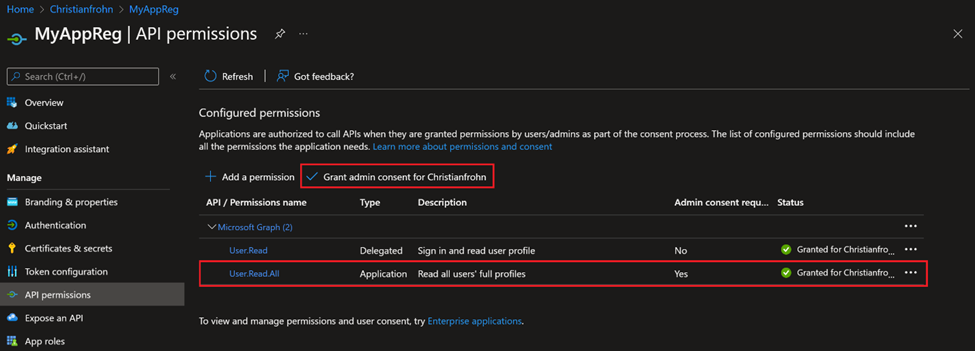 Picture is showing the added API permissions from the Microsoft Graph where "Grant admin consent" and the API permission "User.Read.All" is highlighted with red