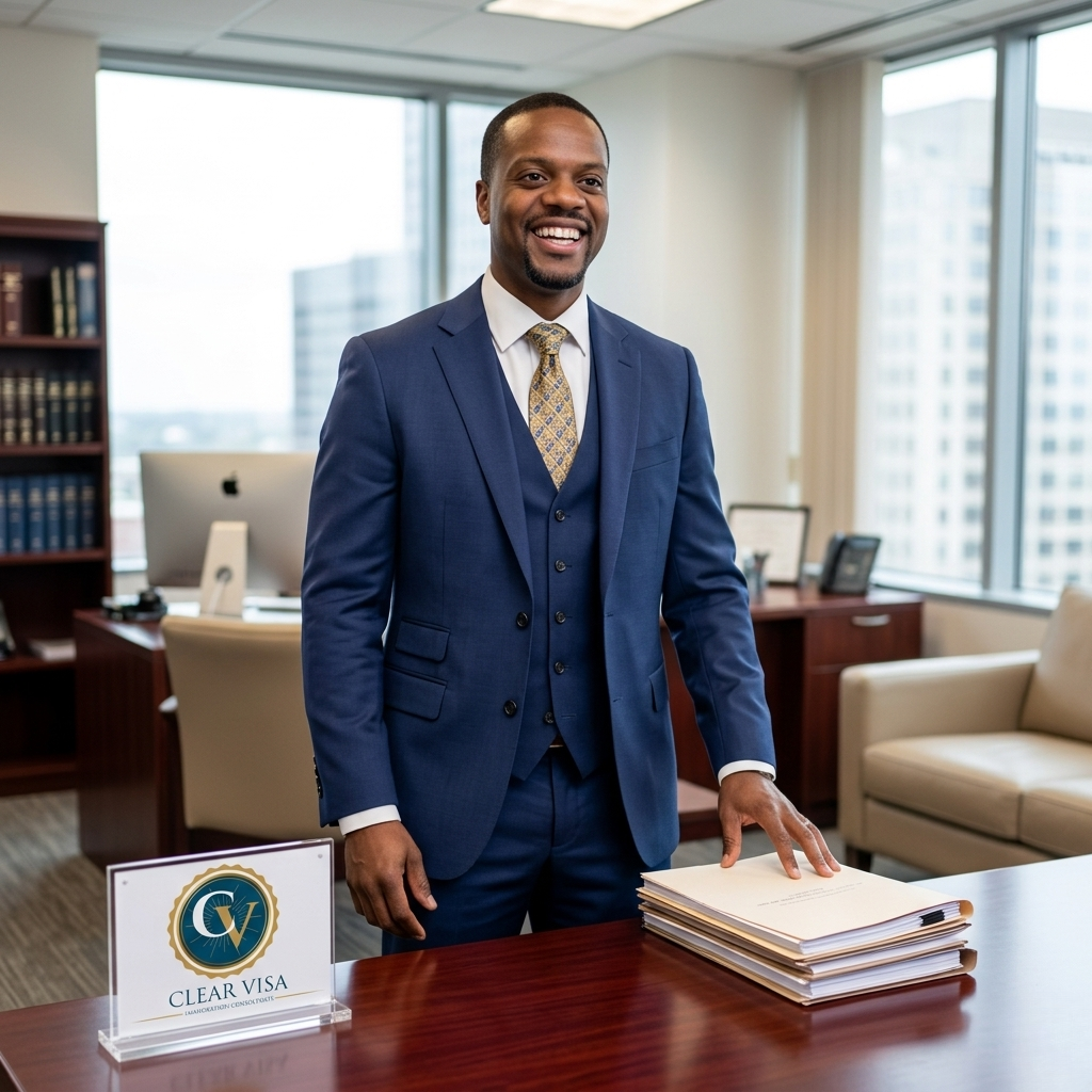 Sheon Jackson at ClearVisa office desk reviewing immigration documents
