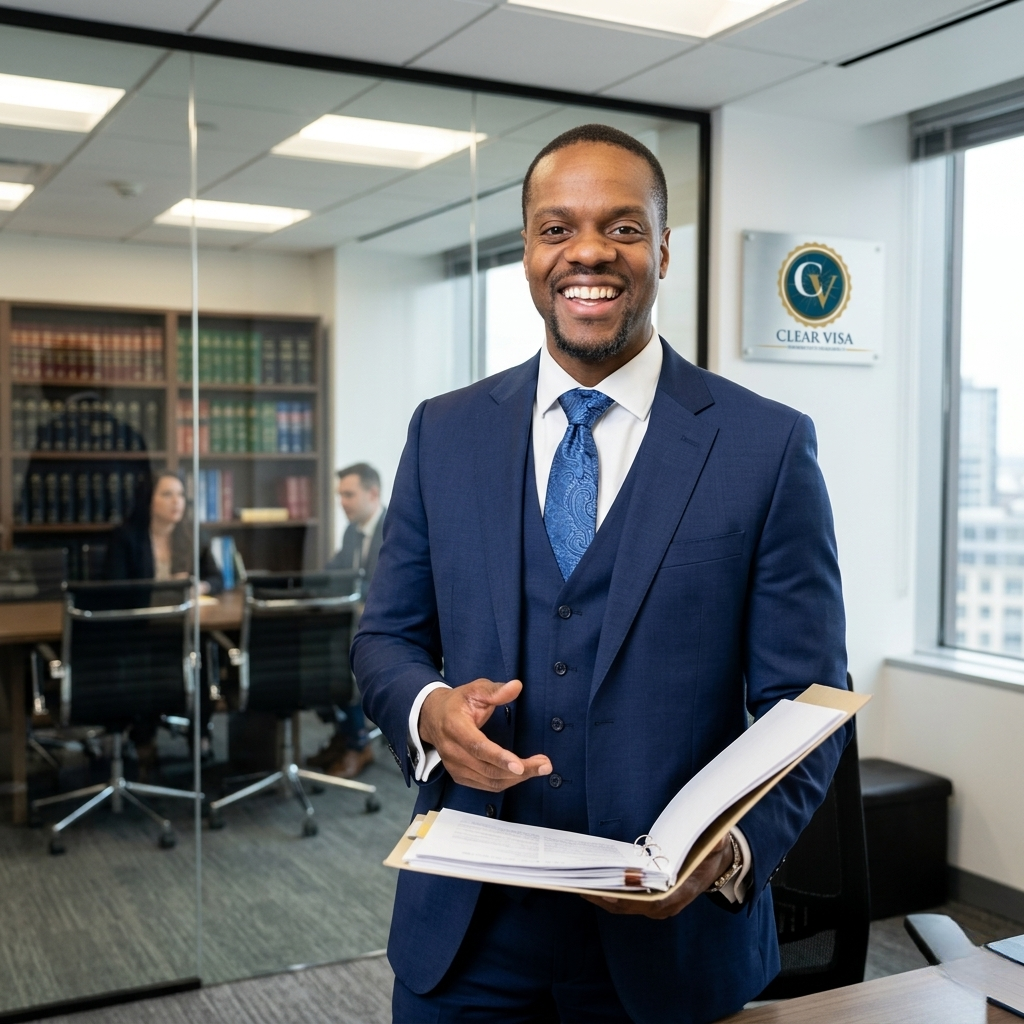 Sheon Jackson greeting client at ClearVisa immigration consultancy