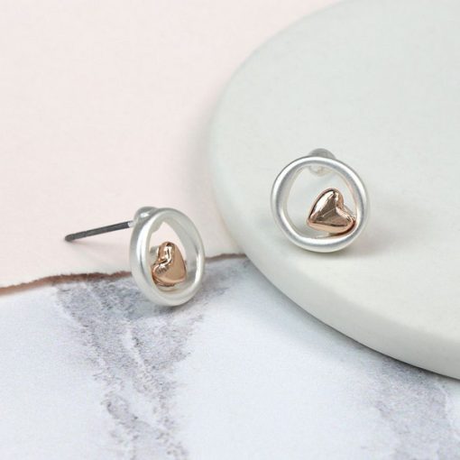 Earrings - Peace of Mind - Silver Plated Circle And Rose Gold Heart Earrings