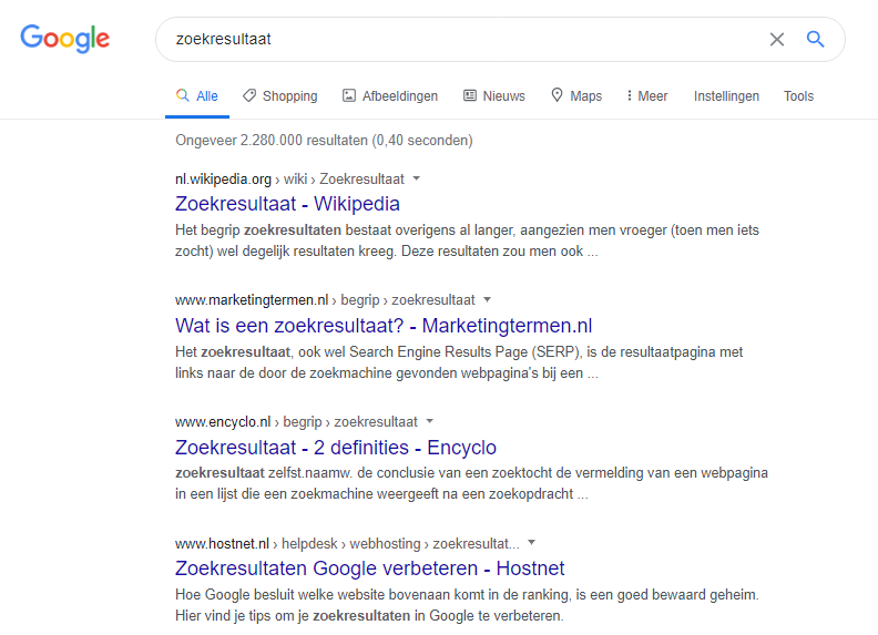 voorbeelden van metateksten die Google toont. Bovenaan staat Wikipedia met 'Het begrip zoekresultaten bestaat overigens al langer, aangezien met vroeger (toen men iets zocht) wel degelijk resultaten kreeg. Deze resultaten zou men ook...'