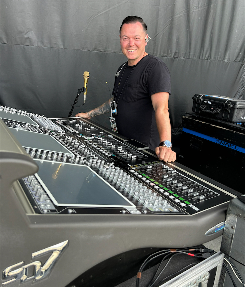 Monitor engineer Dan Horton oversees a DiGiCo Quantum7 desk to provide mixes for Red Hot Chili Peppers' Anthony Kiedis and drummer Chad Smith. PHOTO: Courtesy of Toby Francis.