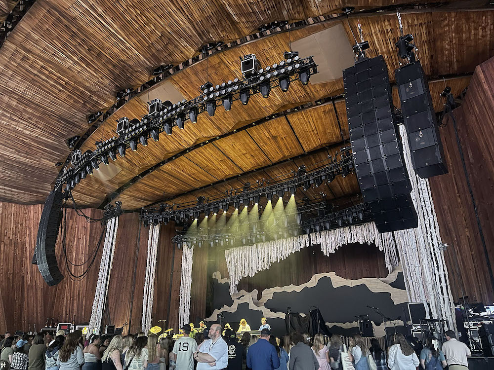 The tour’s Adamson E Series P.A. hangs above the crowd before a show at Blossom Music Center in Cuyahoga Falls, Ohio.