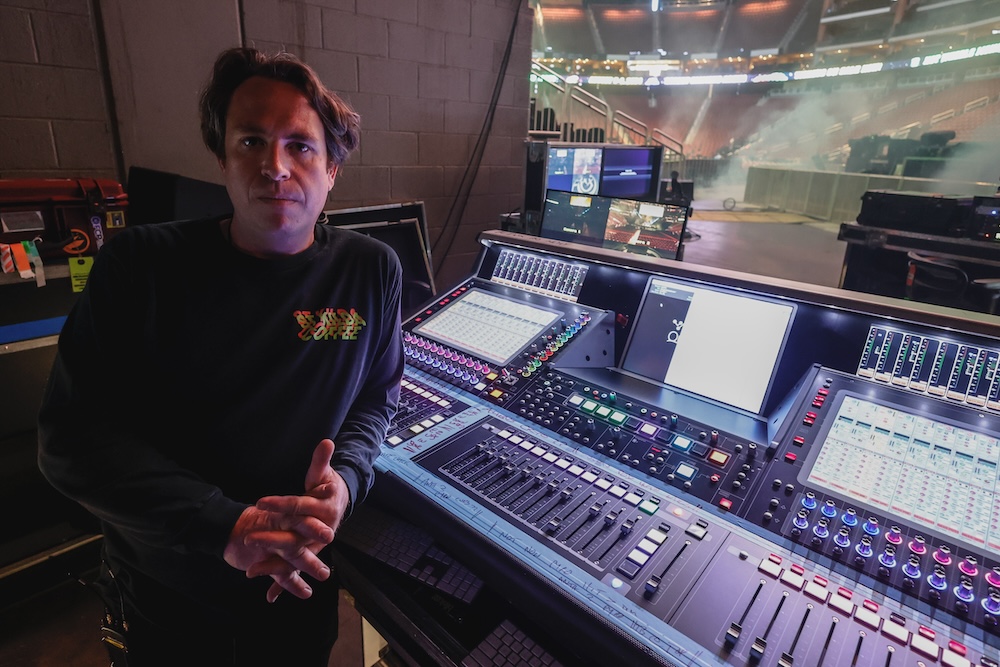 Monitor pro Ray Jeffrey oversees a DiGiCo Quantum5 console for sending mixes to the band’s Sensaphonics and JH Audio in-ear monitors. Photo: Brian Diaz.