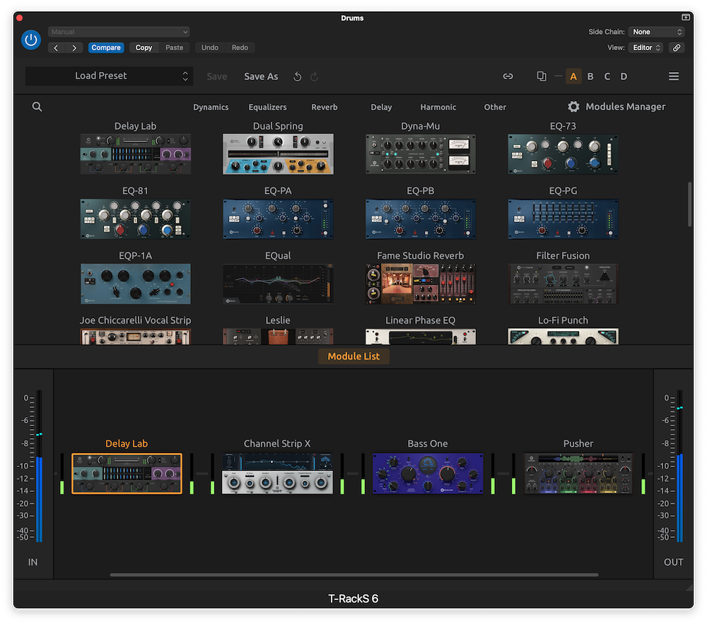 The module list in the upper section of the T-RackS 6 plug-in makes processor selection more efficient. 