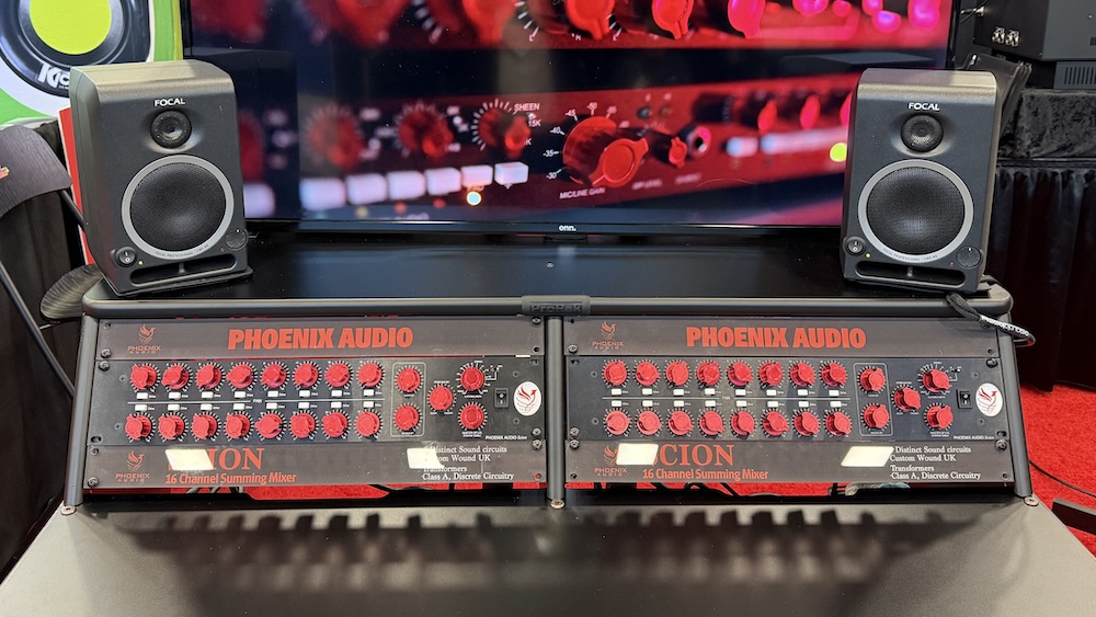 Phoenix Audio was showing off its Scion Summing Mixer, highlighting its four stereo busses offering three unique sounding color options.