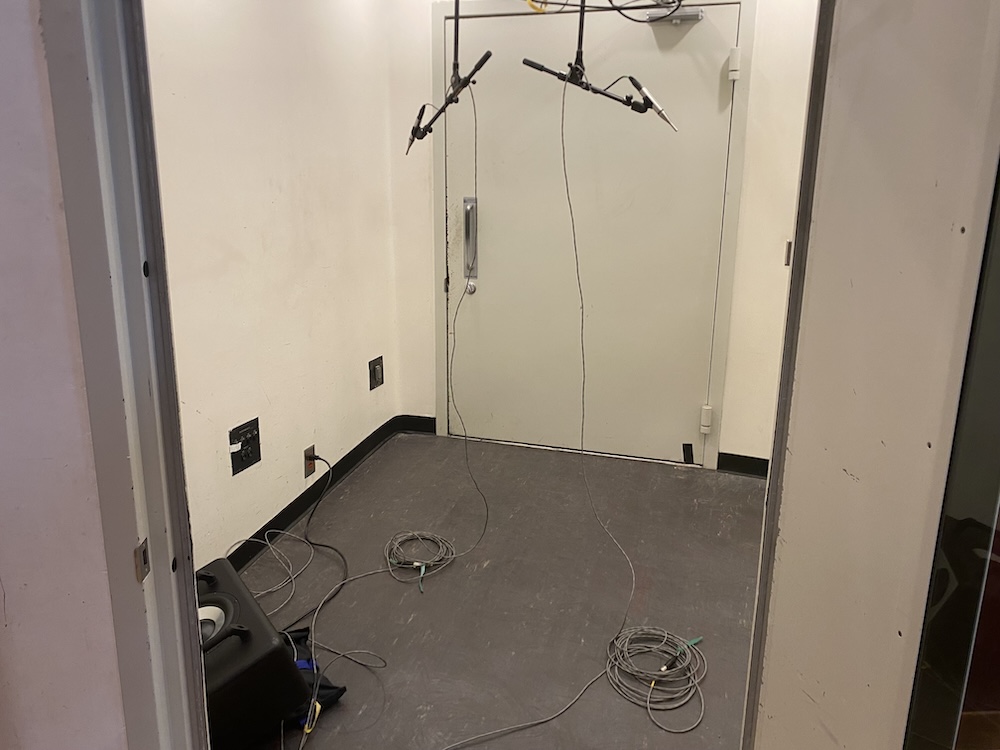 Measurement mics set up to capture data in the Blackbird Studio A reverb chamber for KIT Plugins BB Chamber A plug-in.