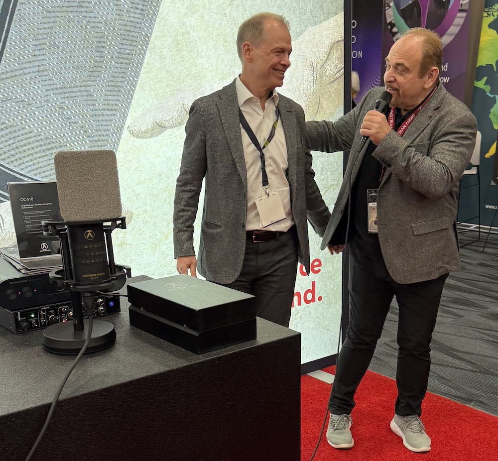 DPA Microphones CEO Kalle Hvidt Nielsen (left) and Austrian Audio CEO Martin A. Seidl (right) had plenty to talk about, as a week before the NAMM Show, DPA acquired Austrian. In the foreground is the OC-S10 microphone, Austrian’s new flagship offering for vocals and instruments.