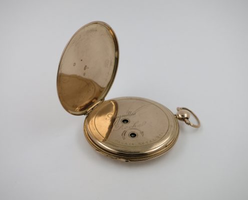 Gold, jump hour cylinder pocket watch